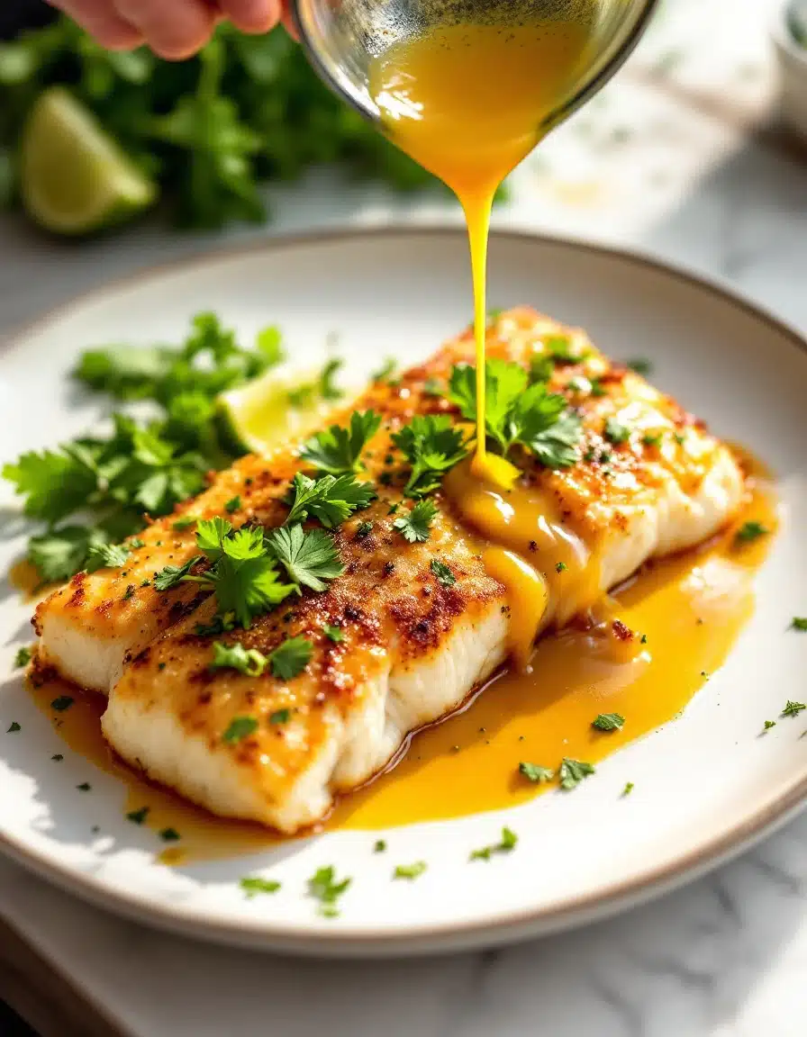 Crispy Mahi Mahi fillets plated with citrus sauce, cilantro