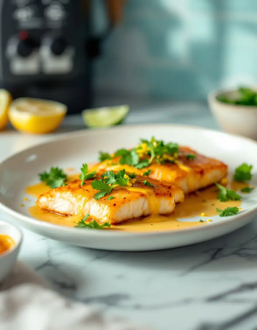 dish Crispy Mahi Mahi fillets plated with citrus sauce