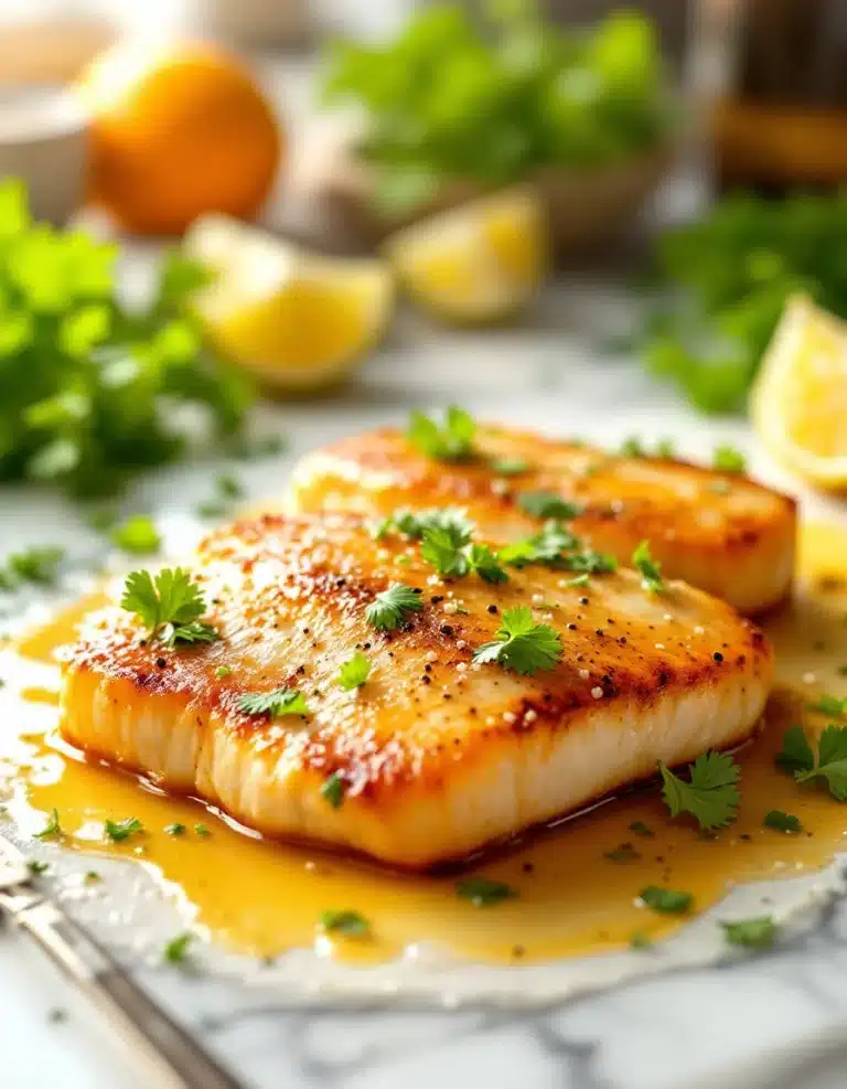 Fresh Mahi Mahi fillets with olive oil, citrus juices, herbs, and spices on a white marble counter for a gourmet recipe.