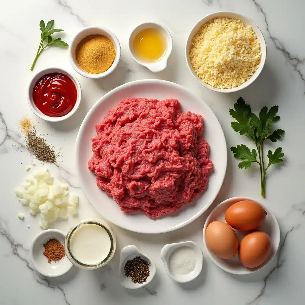 Fresh mini meatloaf muffin ingredients on a white marble kitchen counter, including ground beef, breadcrumbs, Parmesan cheese, milk, ketchup, onion, bell pepper, spices, and egg.