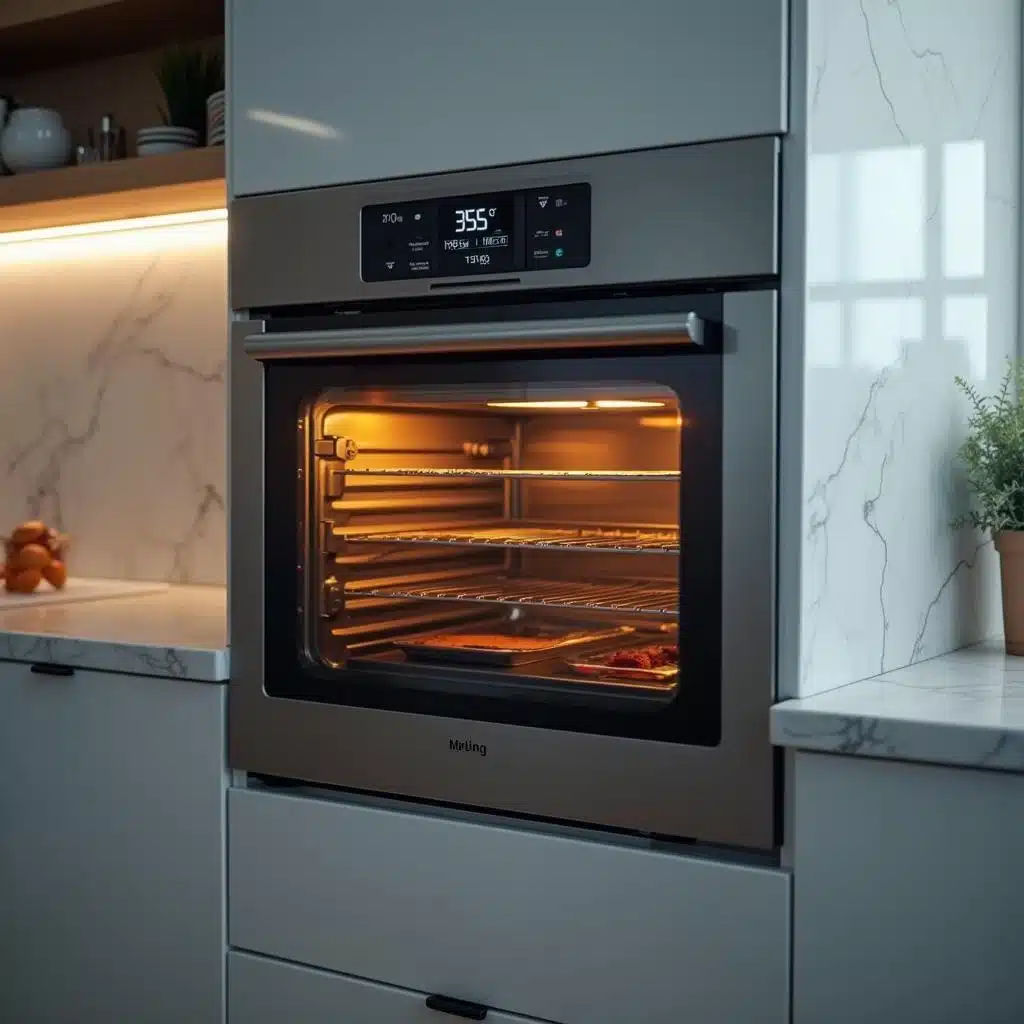 A modern stainless steel oven preheating to 350°F (175°C) in a bright, cozy kitchen.