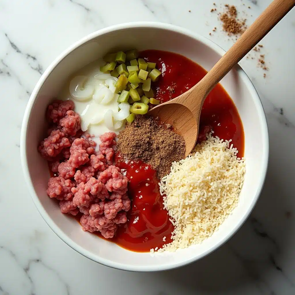 A mixing bowl with fresh ground beef, breadcrumbs, Parmesan, milk, and spices being gently mixed with a wooden spoon.