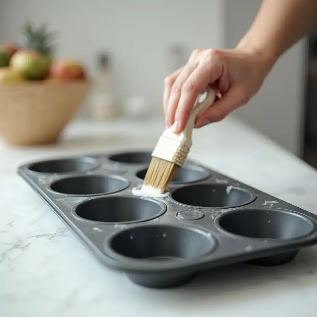 A non-stick 12-cup muffin tin being greased with a pastry brush on a marble countertop.