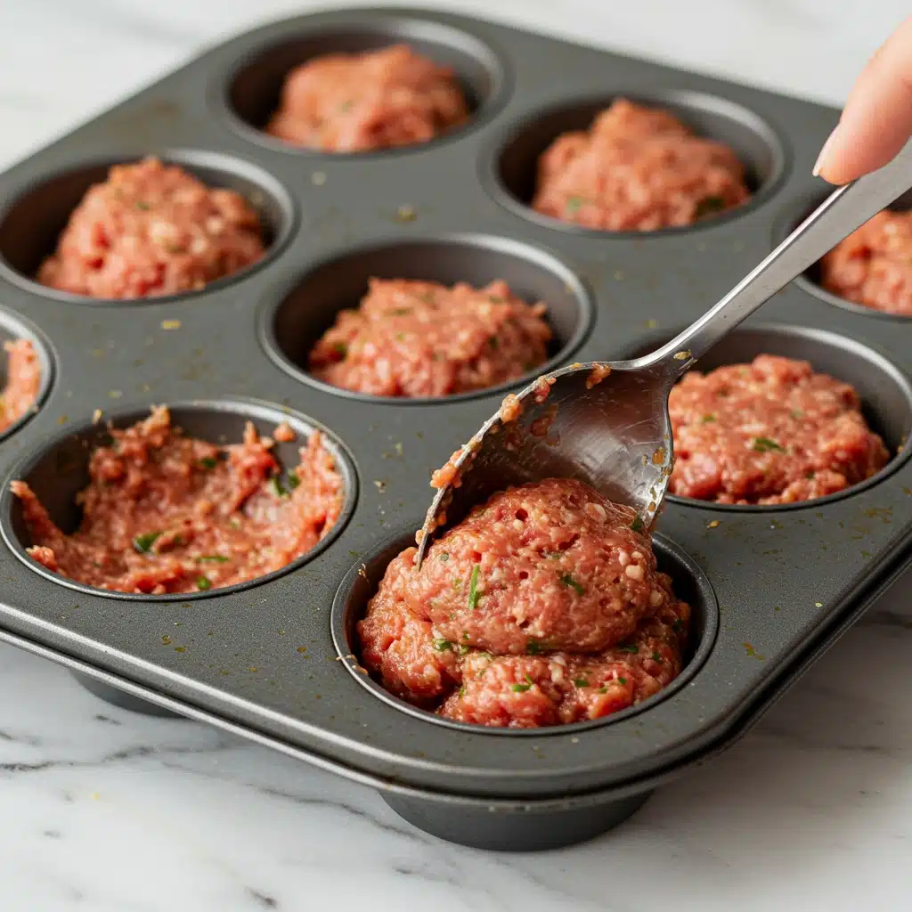 A muffin tin filled ¾ full with raw seasoned meatloaf mixture, ready for baking.