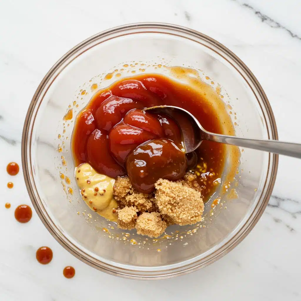 A mixing bowl with ketchup, brown sugar, mustard, and Worcestershire sauce being stirred with a spoon.