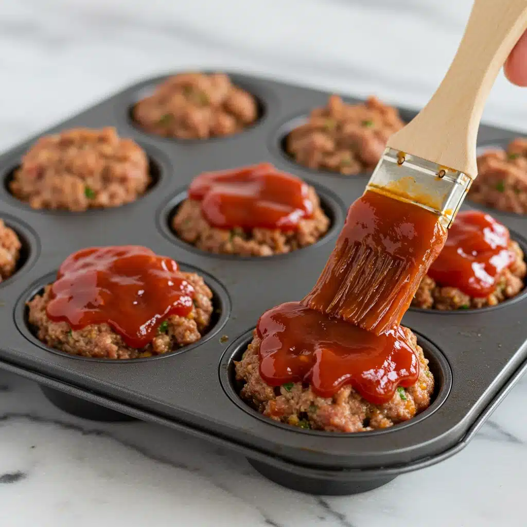 A pastry brush spreading ketchup-based topping over raw mini meatloaf muffins in a muffin tin.