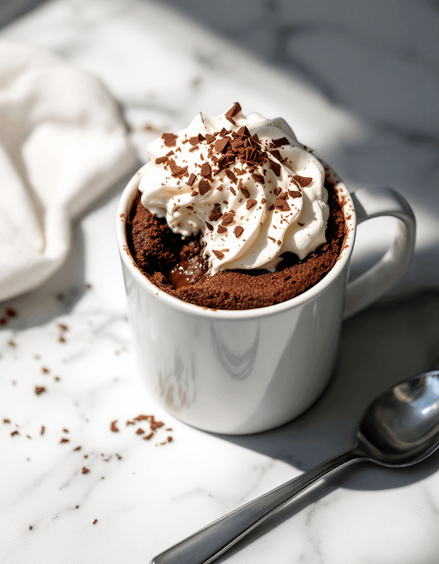 Close-up of a finished mug cake with whipped cream and chocolate.