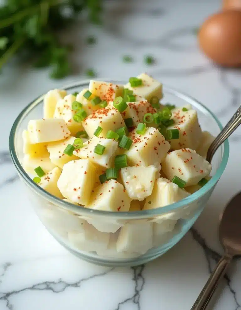 Finished BEST Potato Salad in a serving transparent bowl