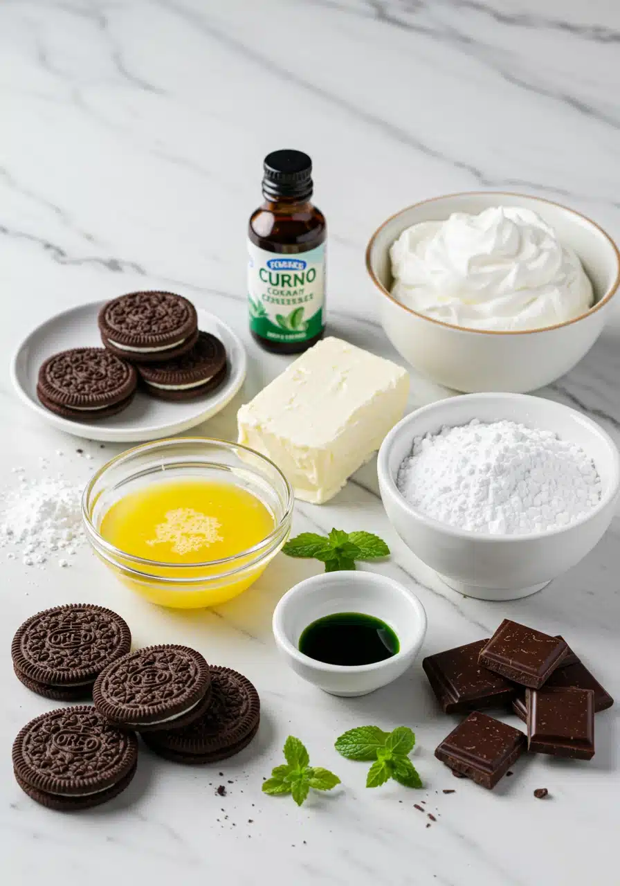 Ingredients for No Bake Mint Chocolate Cheesecake on a white marble kitchen counter, including Oreo cookies, dairy-free butter, cream cheese, powdered sugar, heavy whipping cream, mint extract, dark chocolate, and green food coloring.