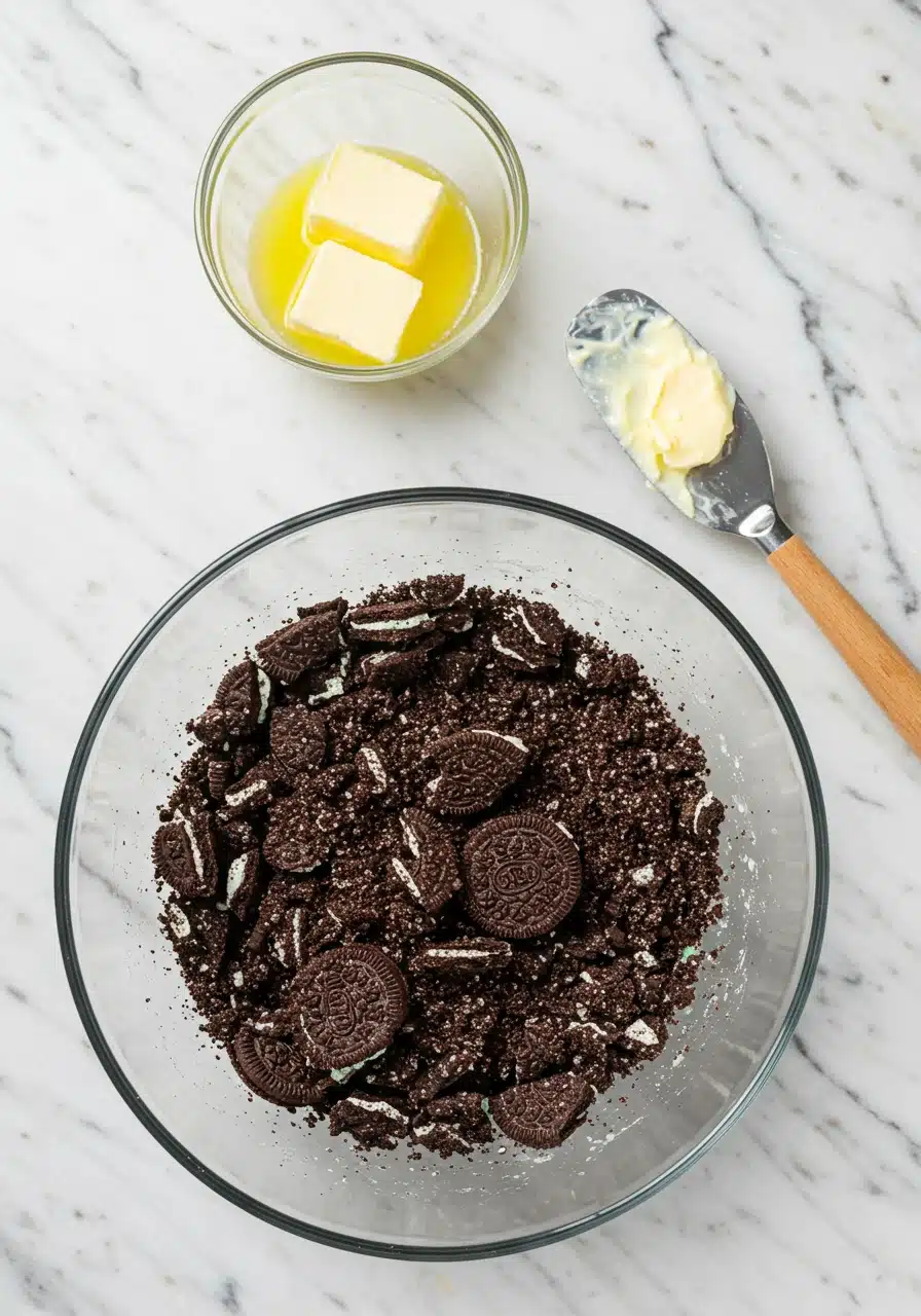 Preparing the crust for No Bake Mint Chocolate Cheesecake with crushed Oreo cookies and melted dairy-free butter.