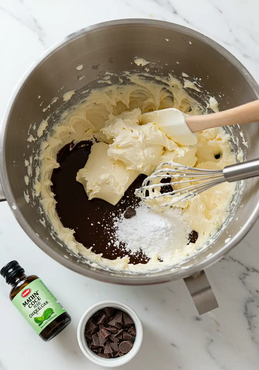 Mixing ingredients for the cheesecake filling of No Bake Mint Chocolate Cheesecake, including cream cheese, melted dark chocolate, powdered sugar, and mint extract.