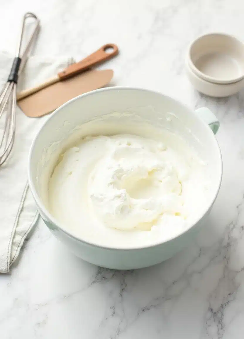 Whipping heavy cream until stiff peaks form for No Bake Mint Chocolate Cheesecake.