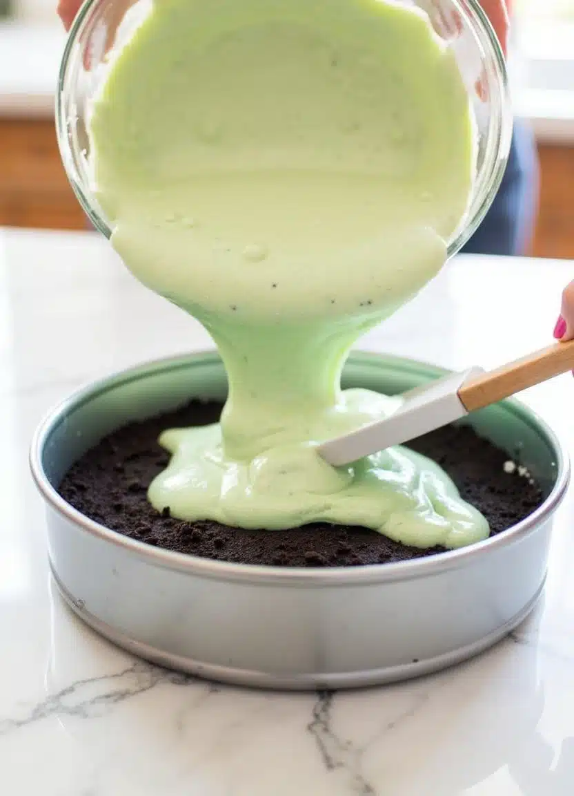 Assembling the No Bake Mint Chocolate Cheesecake by pouring filling into the crust.