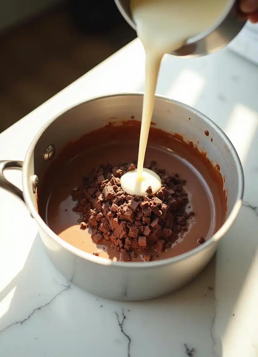 Preparing the ganache for No Bake Mint Chocolate Cheesecake with heated cream and dark chocolate.