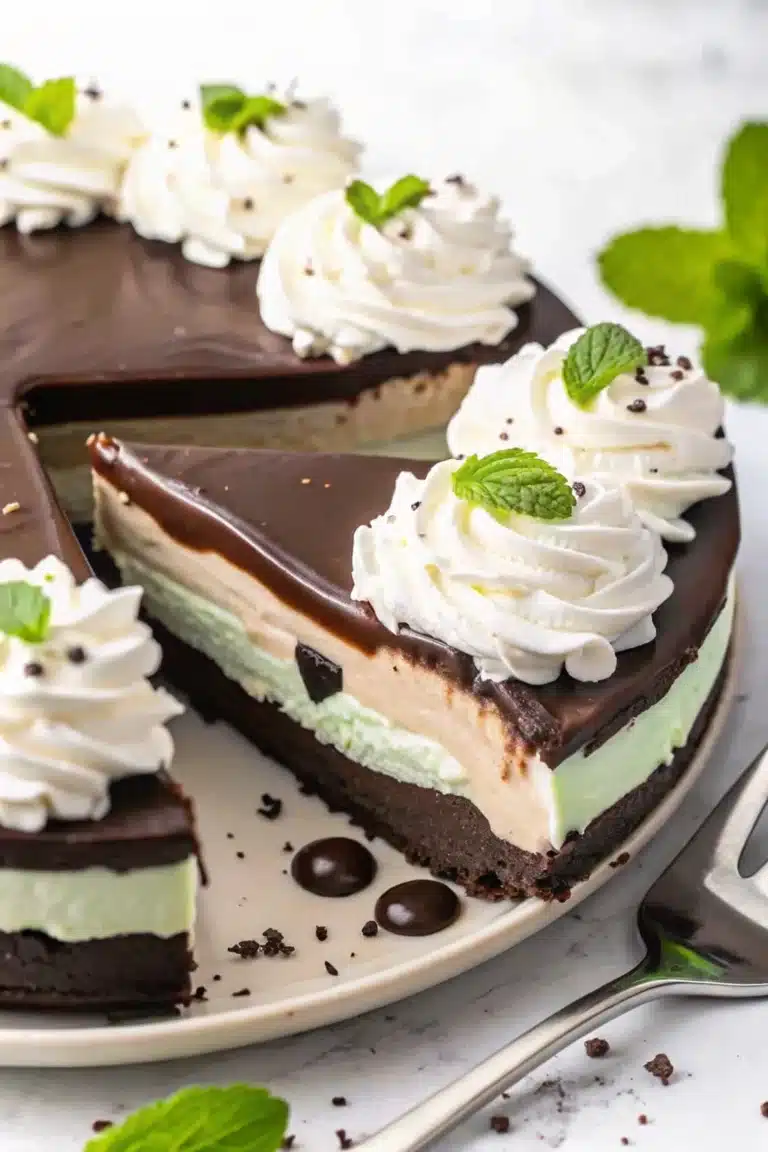 Finished No Bake Mint Chocolate Cheesecake topped with ganache, mint leaves, and chocolate shavings on a white marble plate.