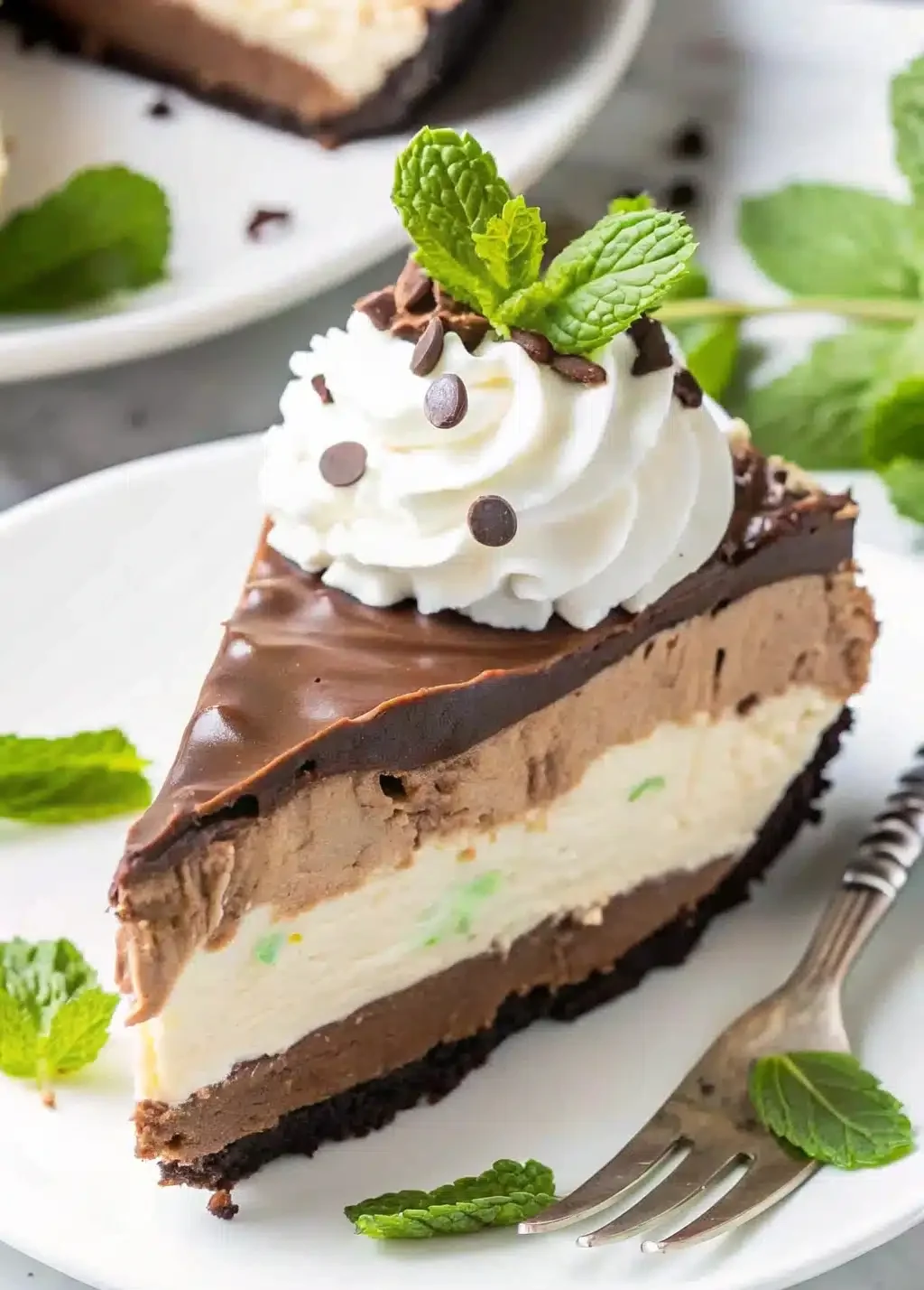 A Slite of No Bake Mint Chocolate Cheesecake, topped with rich ganache and garnished with fresh mint and chocolate shavings.