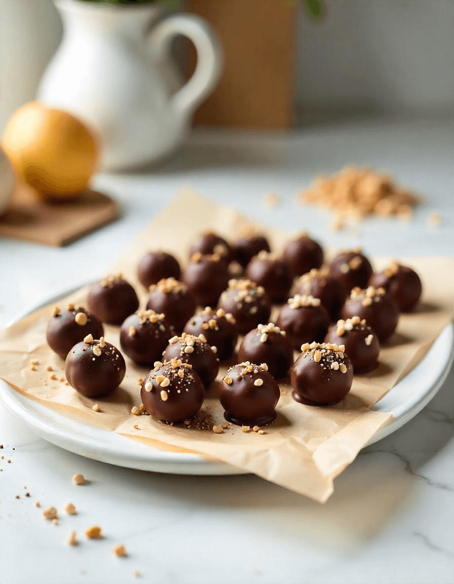 A platter of No-Bake Nut-Free Buckeye Bliss Balls ready to serve on a white marble counter.
