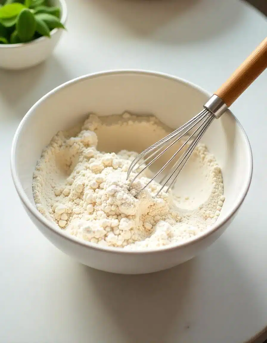 Whisking dry ingredients (flour, baking powder, salt) in a mixing bowl for no oven stovetop bread.