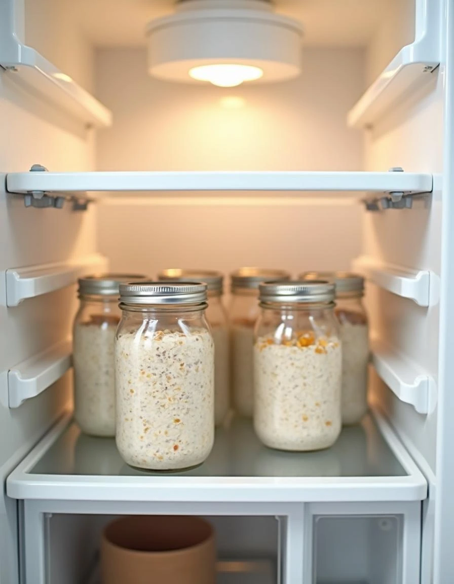 Mason jars of overnight oats stored in the fridge.