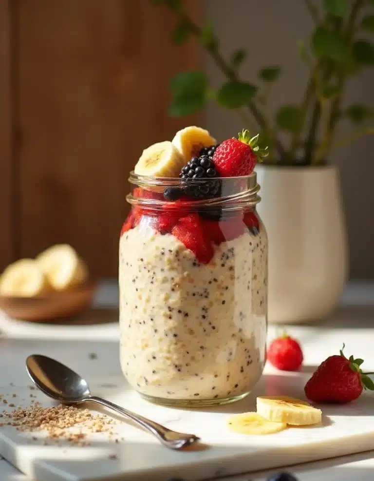 A Mason Jar of ready-to-eat overnight oats topped with fresh fruit and chia seeds.