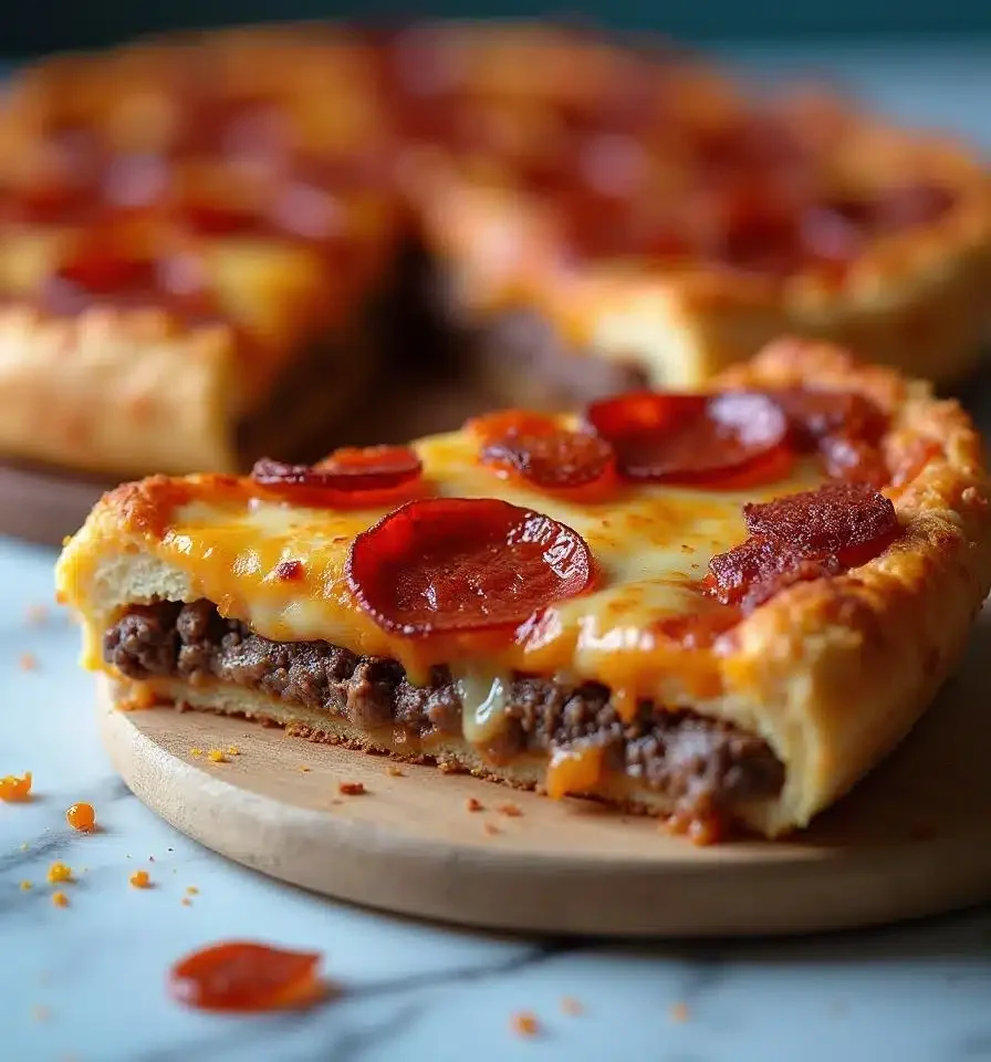 Sliced Pizza Burger Pie with Beef Pepperoni on a marble counter.