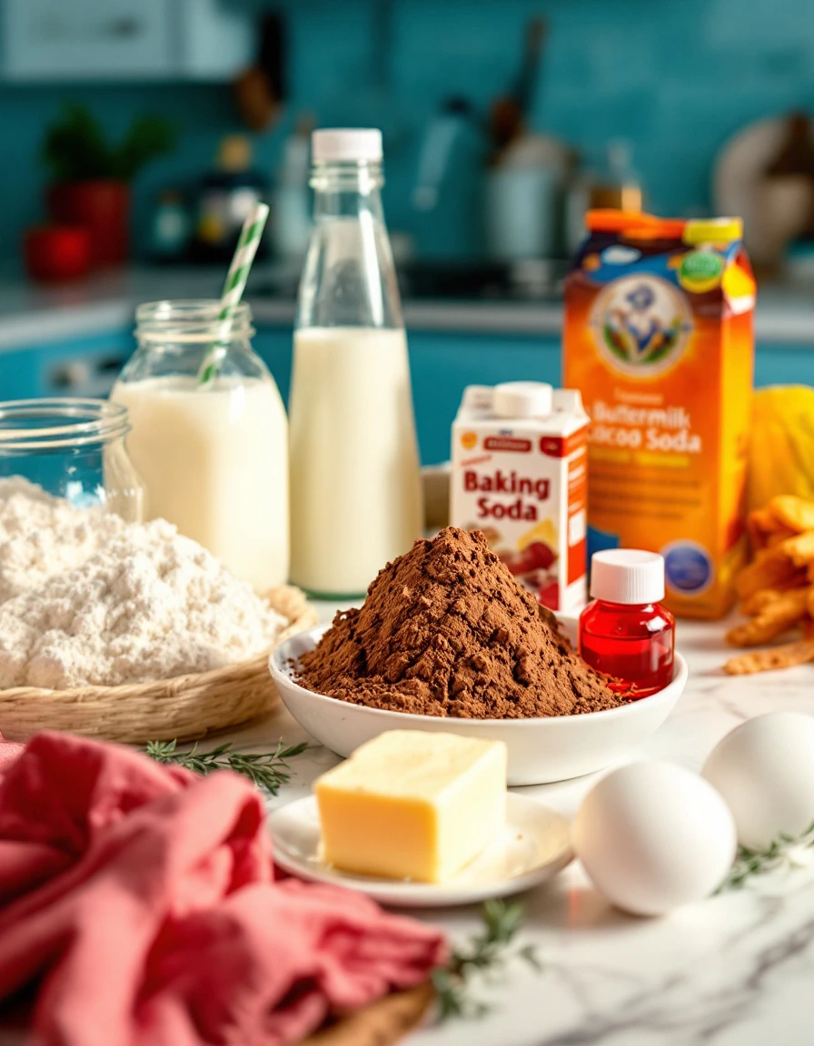 Ingredients for Red Velvet Cake Recipe on Marble Counter Close-up shot of ingredients for red velvet cake on a white marble kitchen counter, with warm diffused lighting.