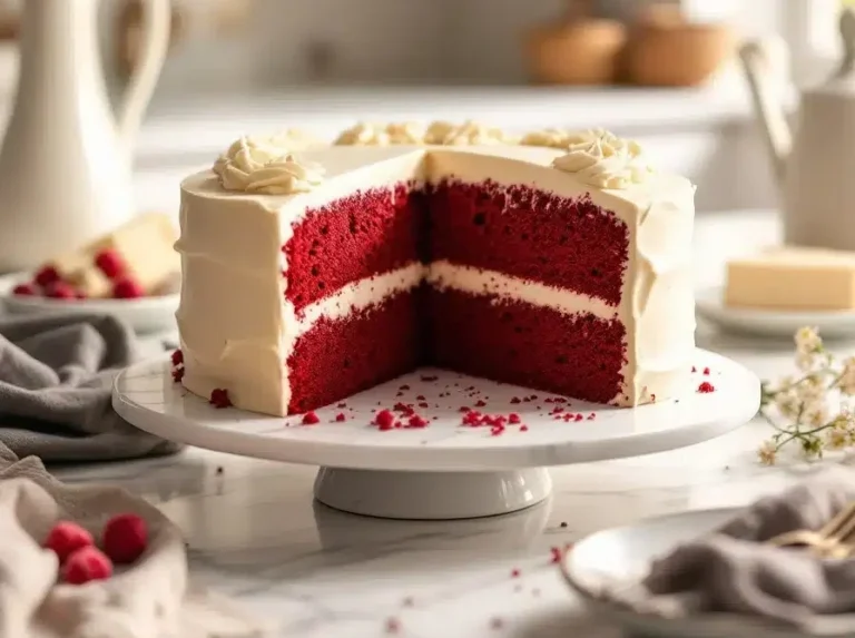 Beautifully decorated red velvet cake with cream cheese frosting, ready to serve on a white marble platter.