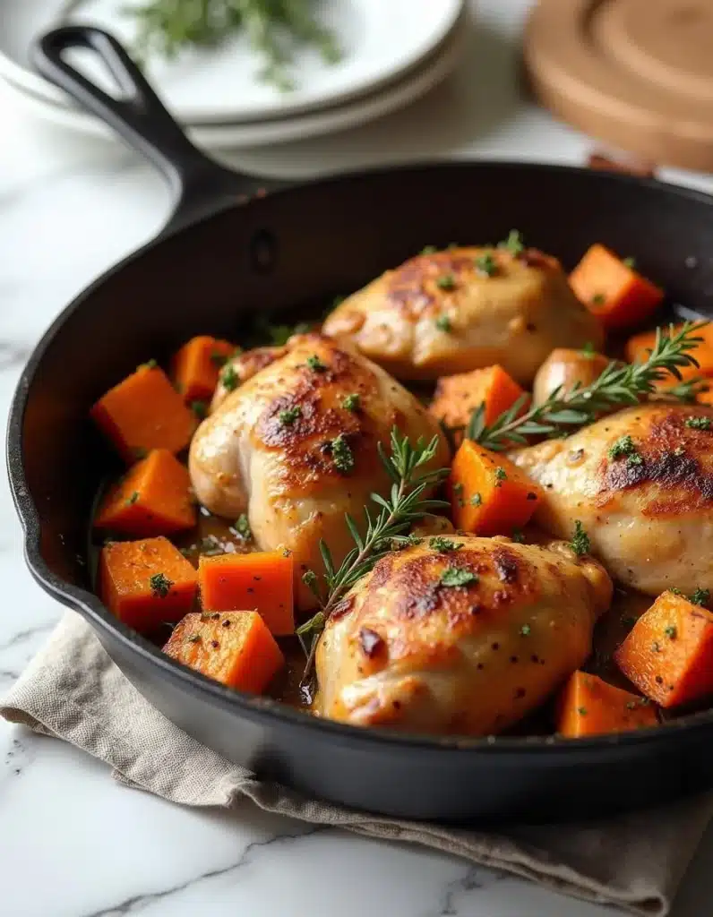 Finished roasted chicken and sweet potato skillet garnished with fresh thyme, ready to serve.