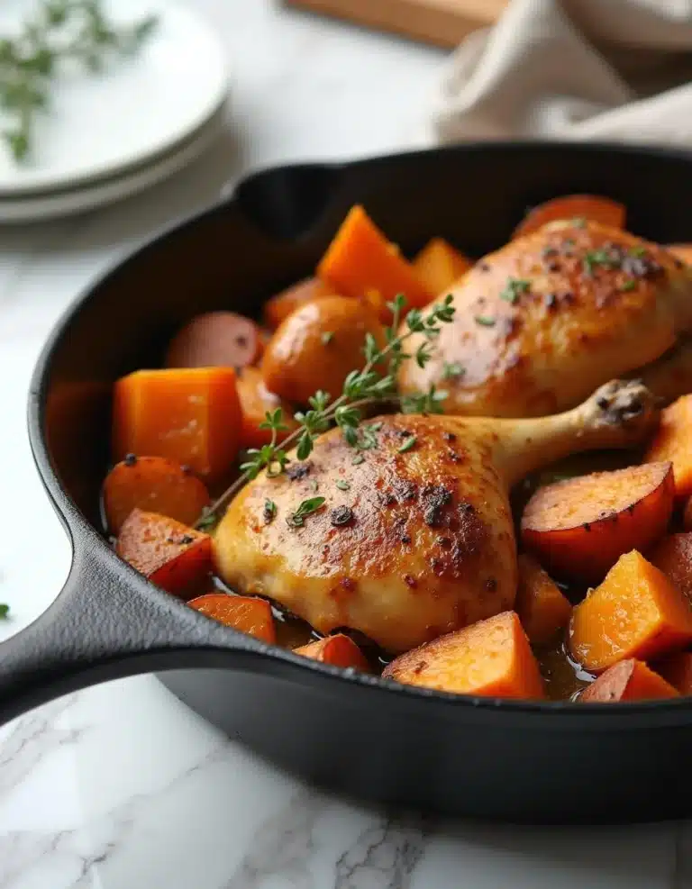 a finished roasted chicken and sweet potato skillet, garnished with fresh thyme.