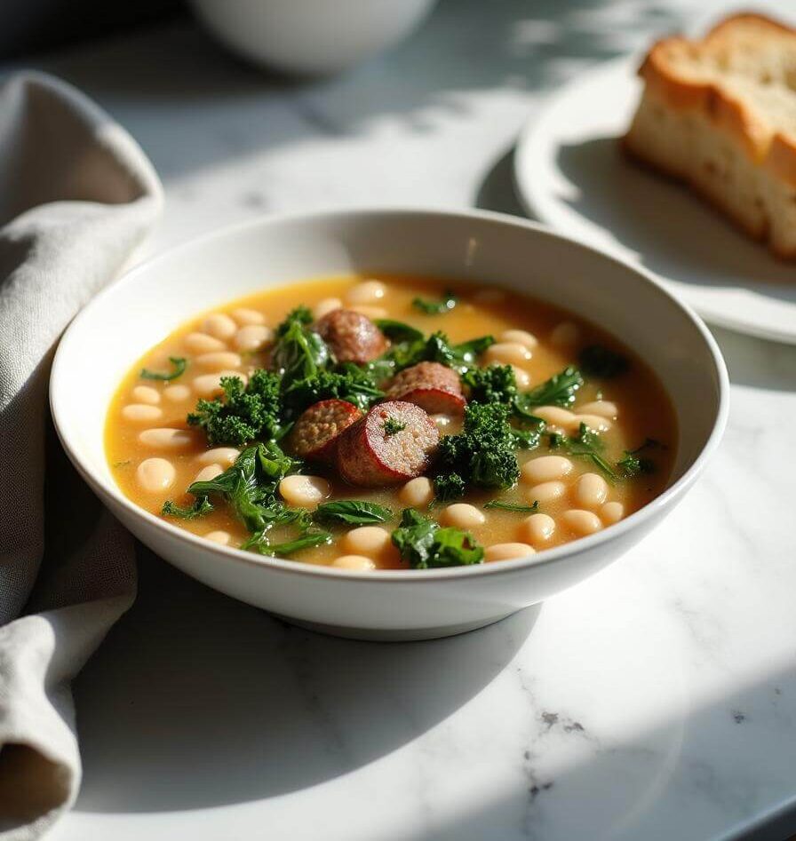 Final Dish Ready to Serve Sausage Kale and White Bean Soup