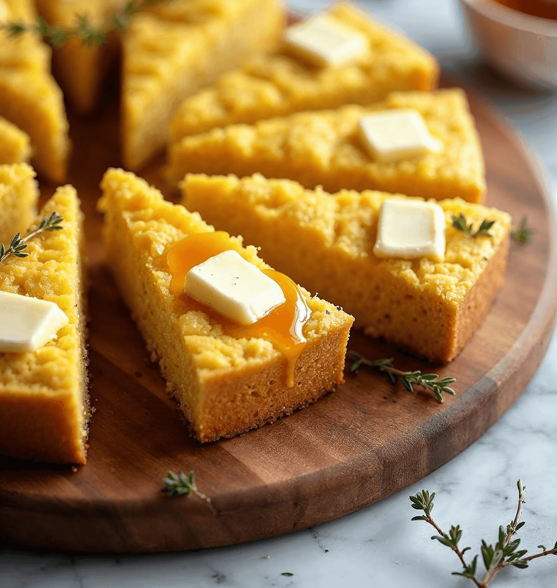 Southern cornbread slices topped with honey butter on a wooden board.