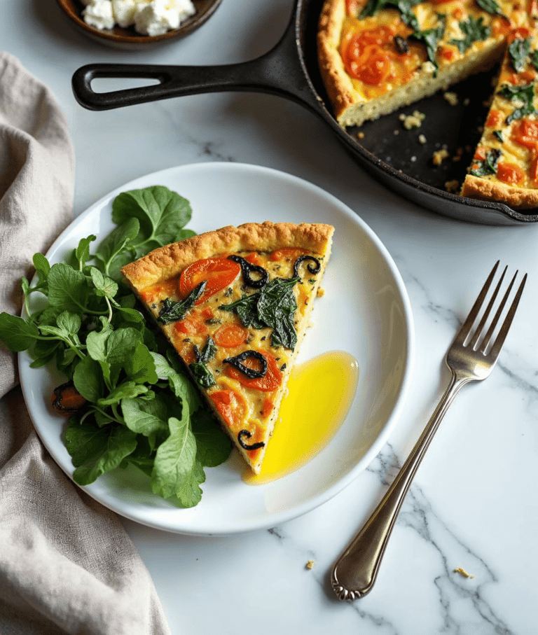 A plated slice of spring vegetable frittata with mixed greens.