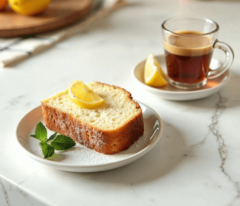 A slice of Copycat Starbucks Lemon Loaf with coffee.