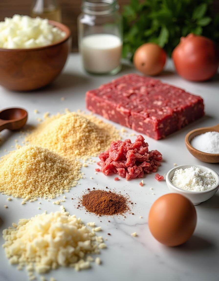Fresh ingredients for making meatballs on a white marble kitchen counter.