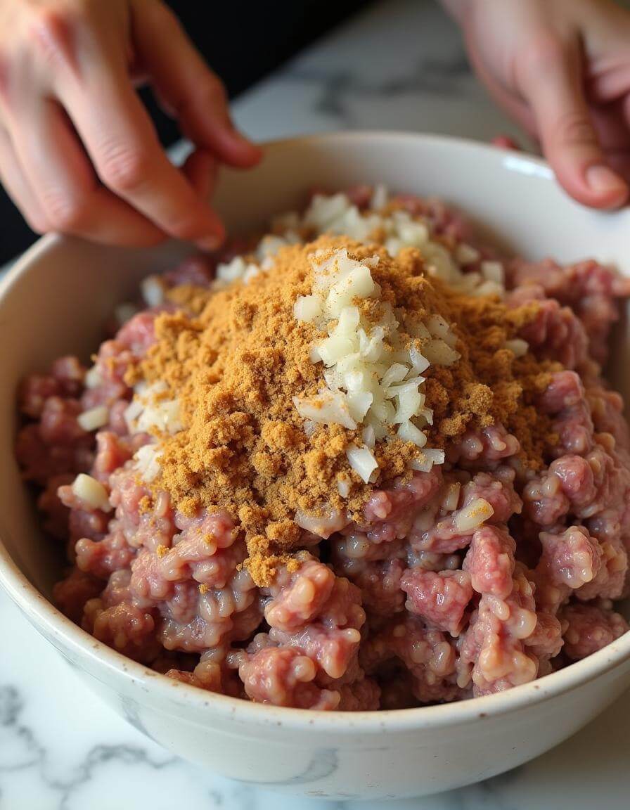 Hands mixing meatball ingredients in a bowl on a marble counter