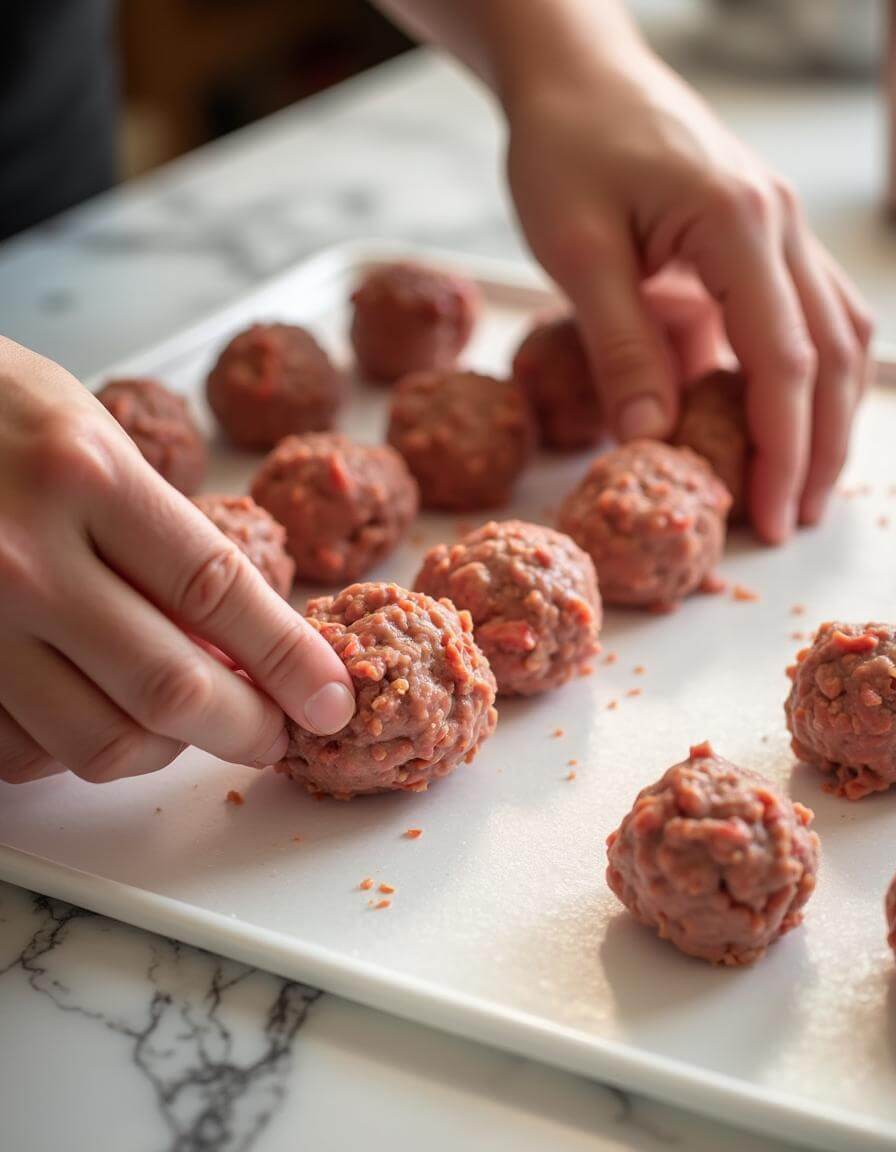 Hands rolling meatball mixture into balls on a marble counter