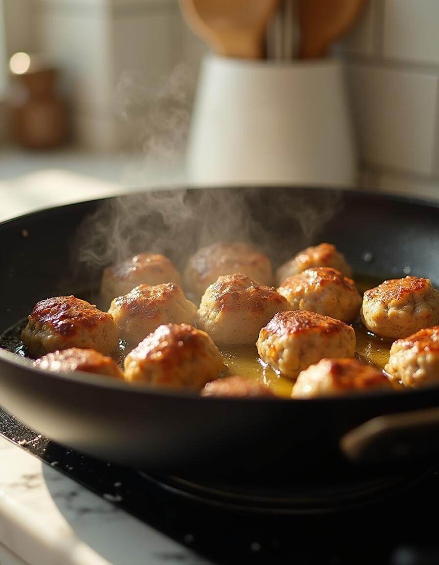 Meatballs frying in a skillet on a stovetop.