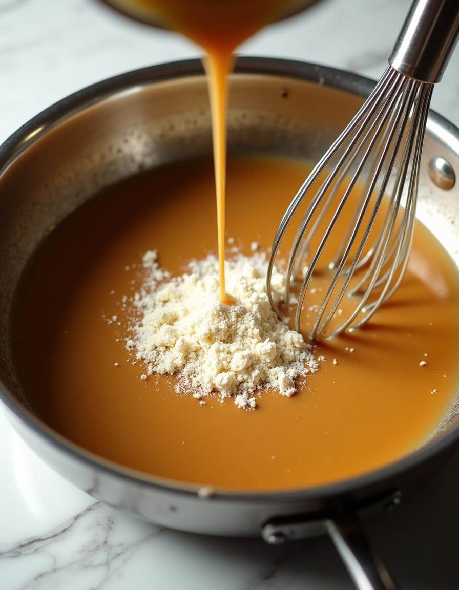 Whisking creamy sauce in a skillet on a stovetop.