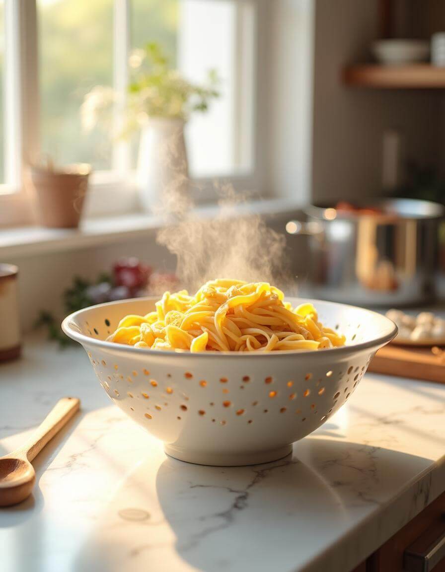 Pasta boiling in a pot on a white marble counter.