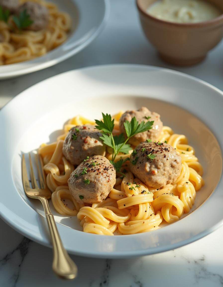 Meatballs and creamy sauce combined with pasta in a skillet