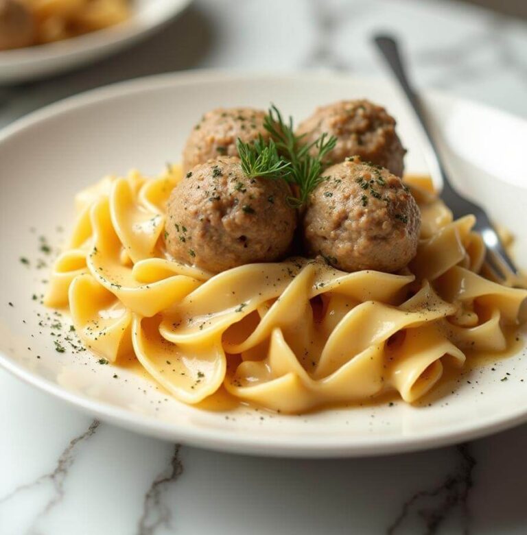 Meatballs and creamy sauce combined with delicious pasta