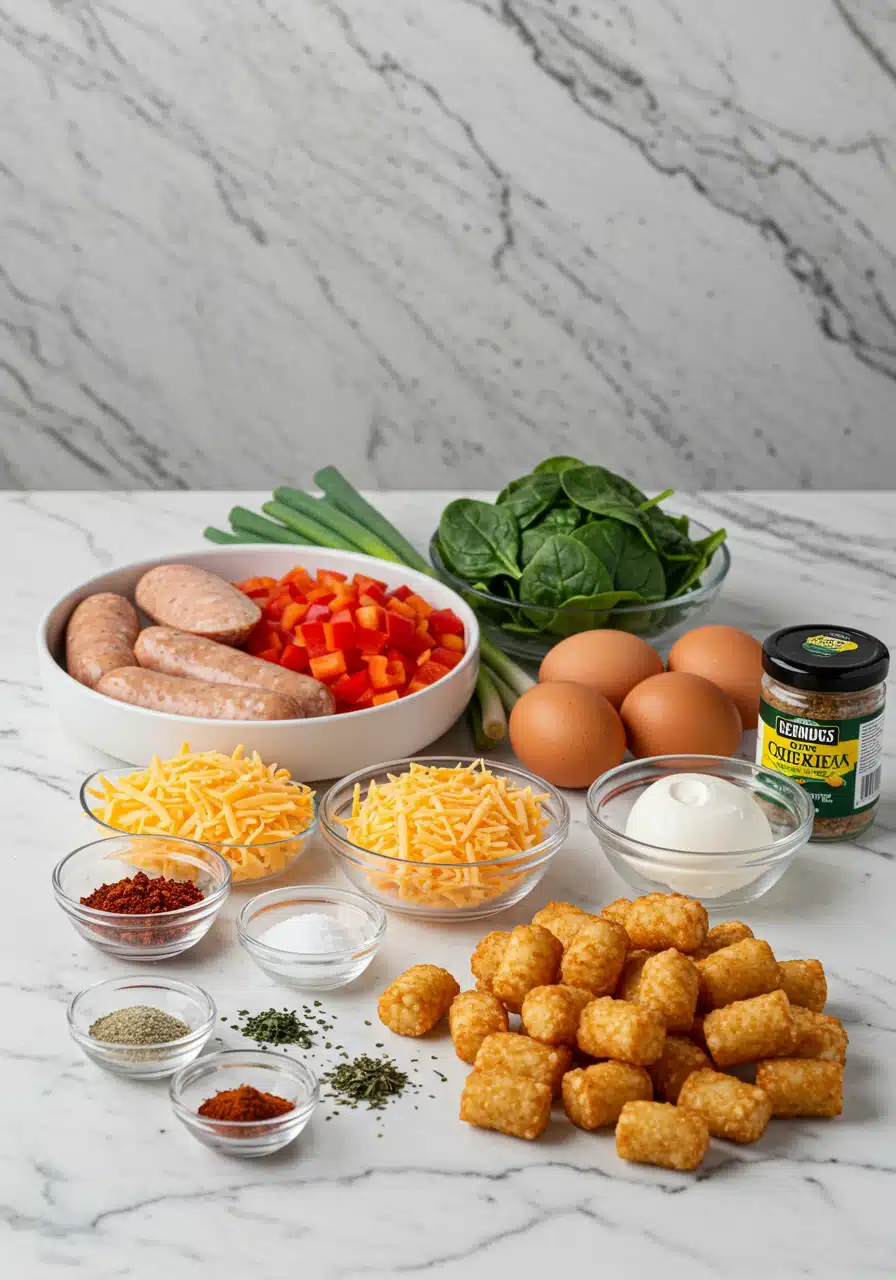 Tater tot breakfast casserole ingredients laid out.