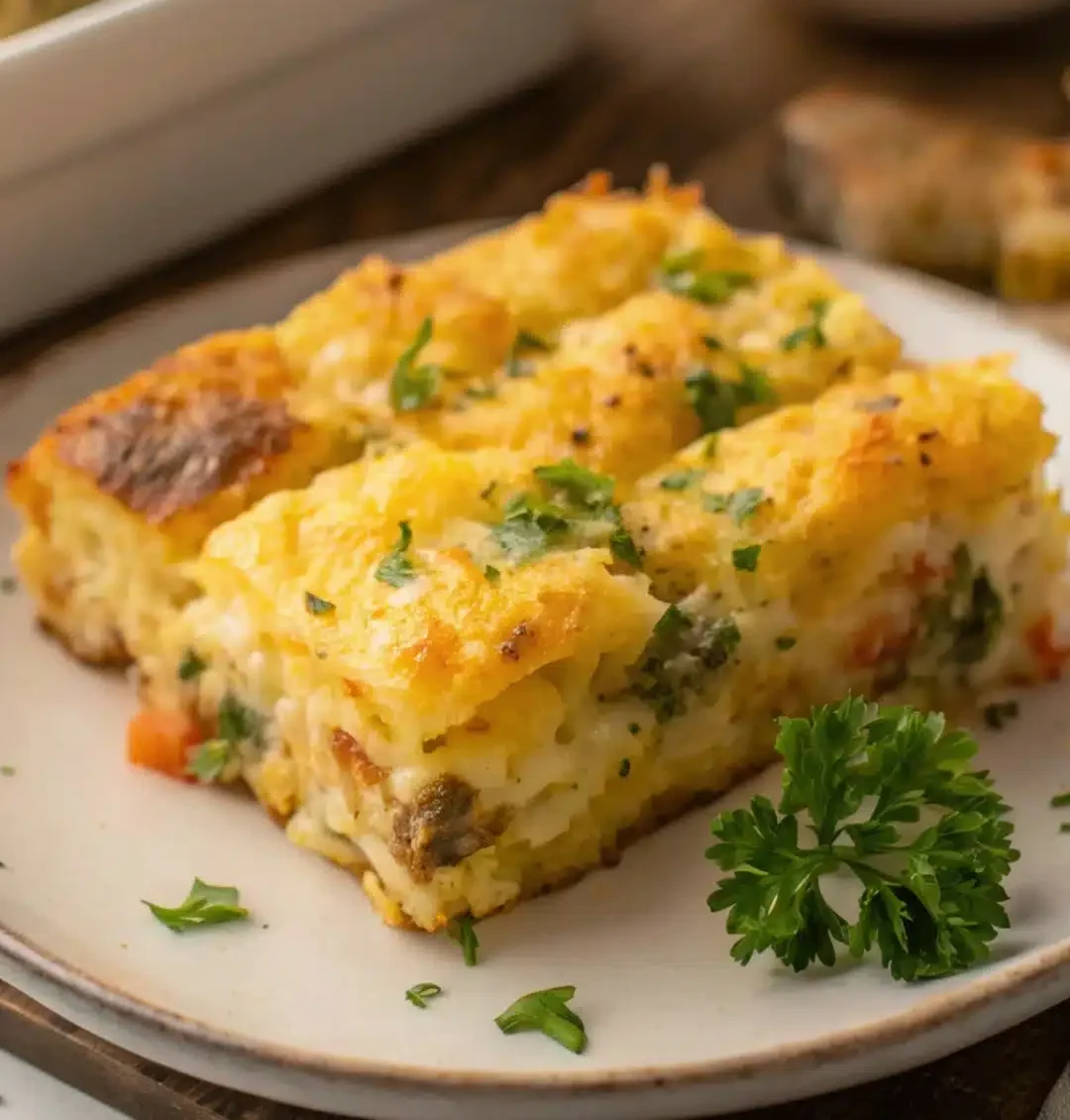 A slice of Tater Tot breakfast casserole served on a plate.