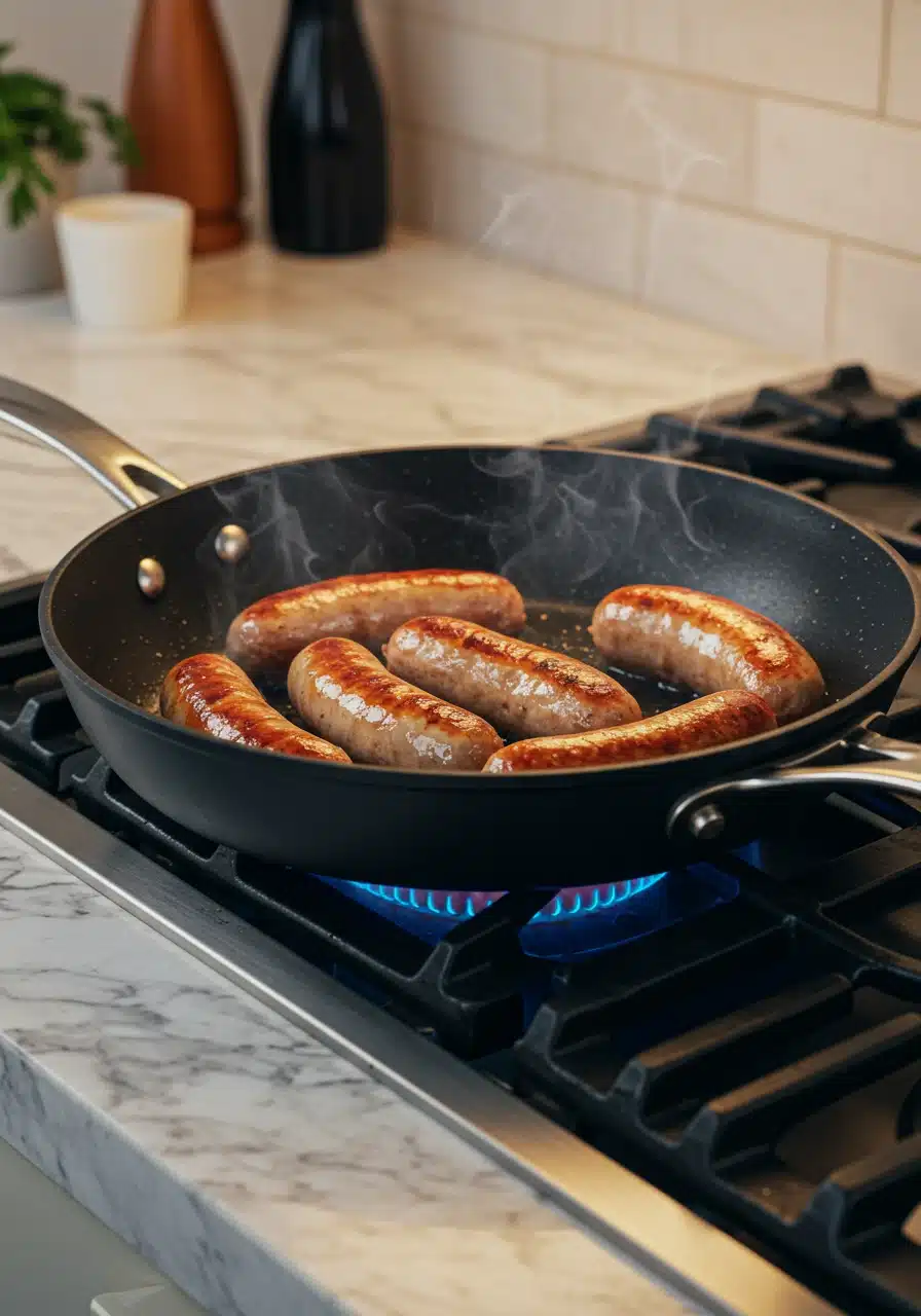 Cooking sausages in a pan for breakfast casserole.