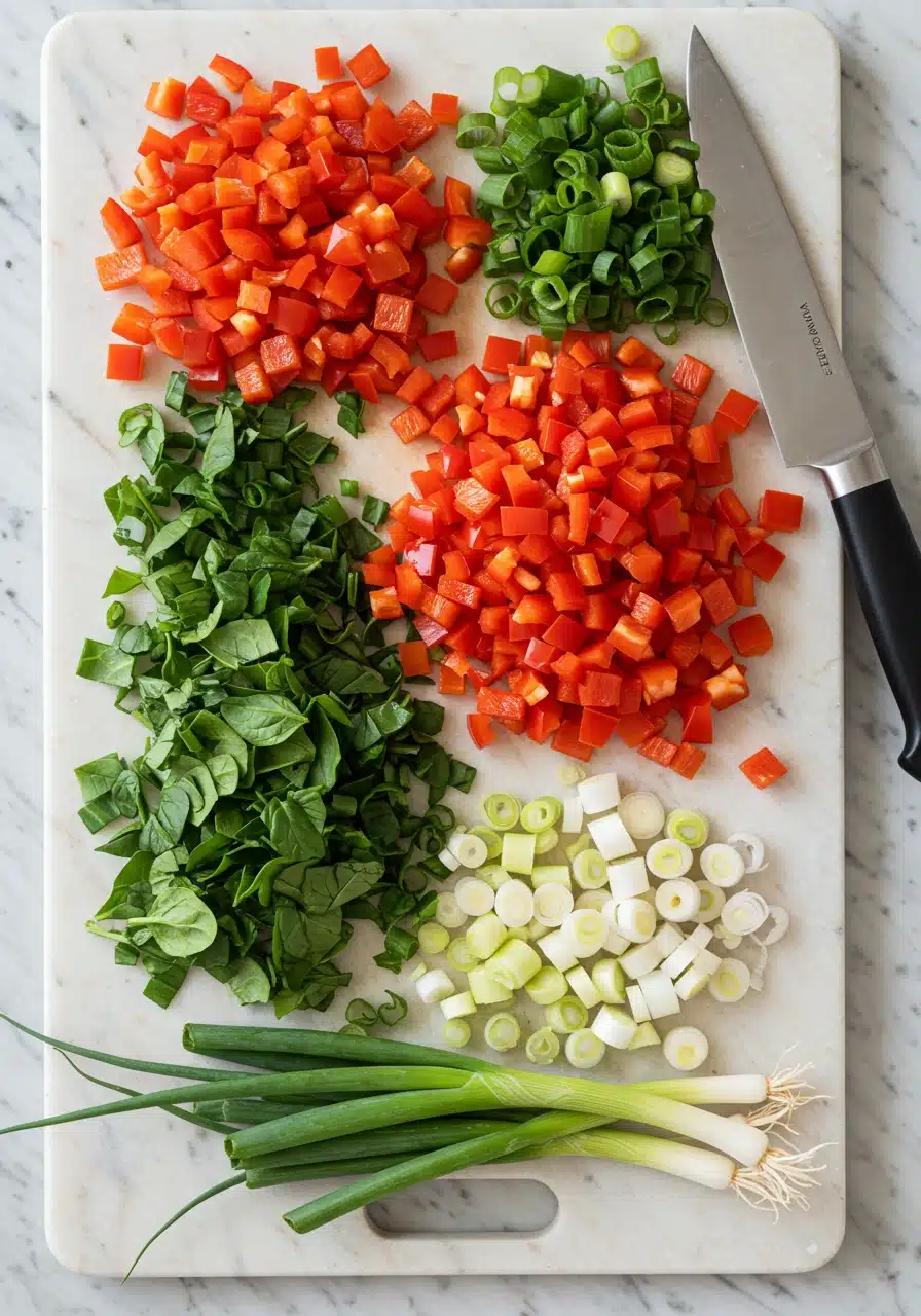 Chopped vegetables (red bell peppers, spinach, and green onions) on a cutting board.