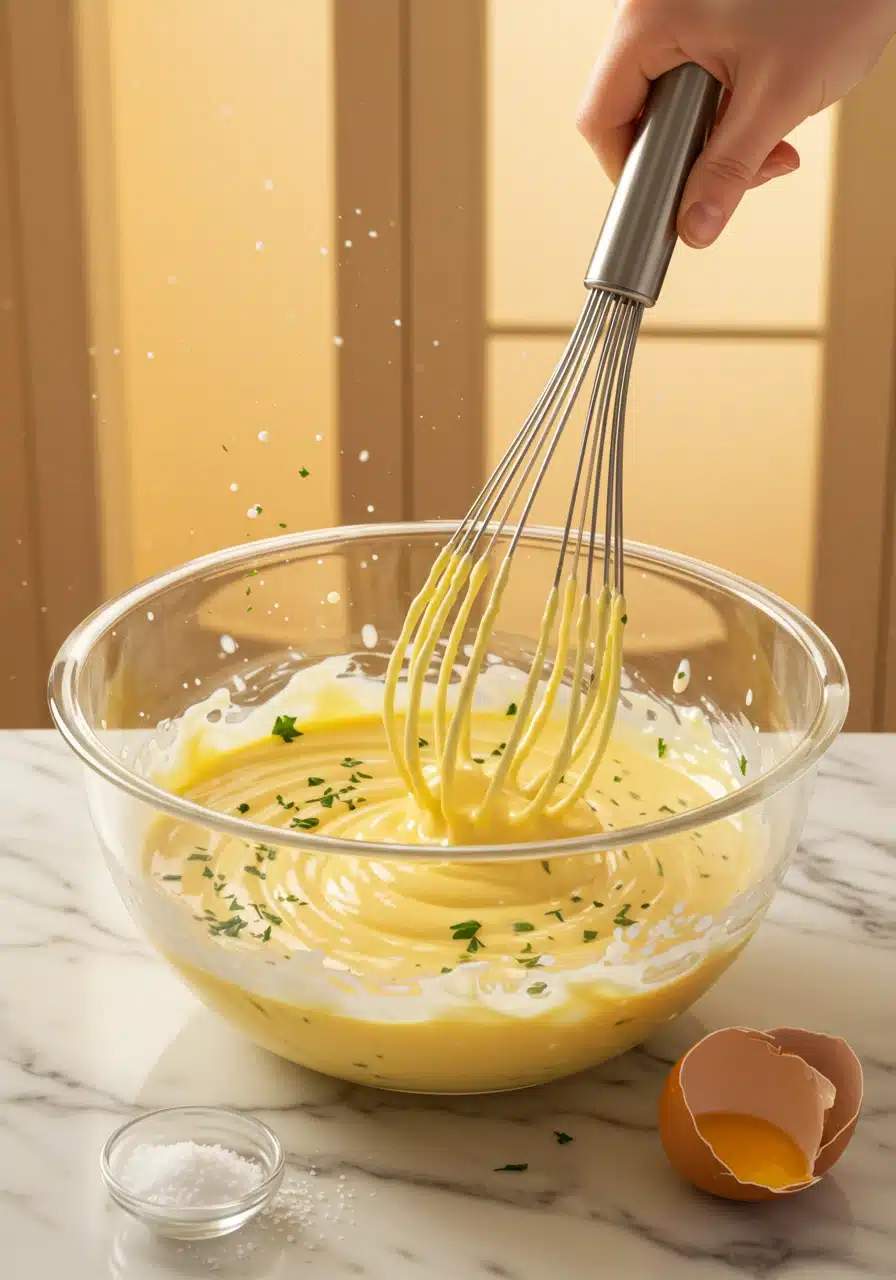 Whisking eggs and seasoning in a bowl for breakfast casserole.