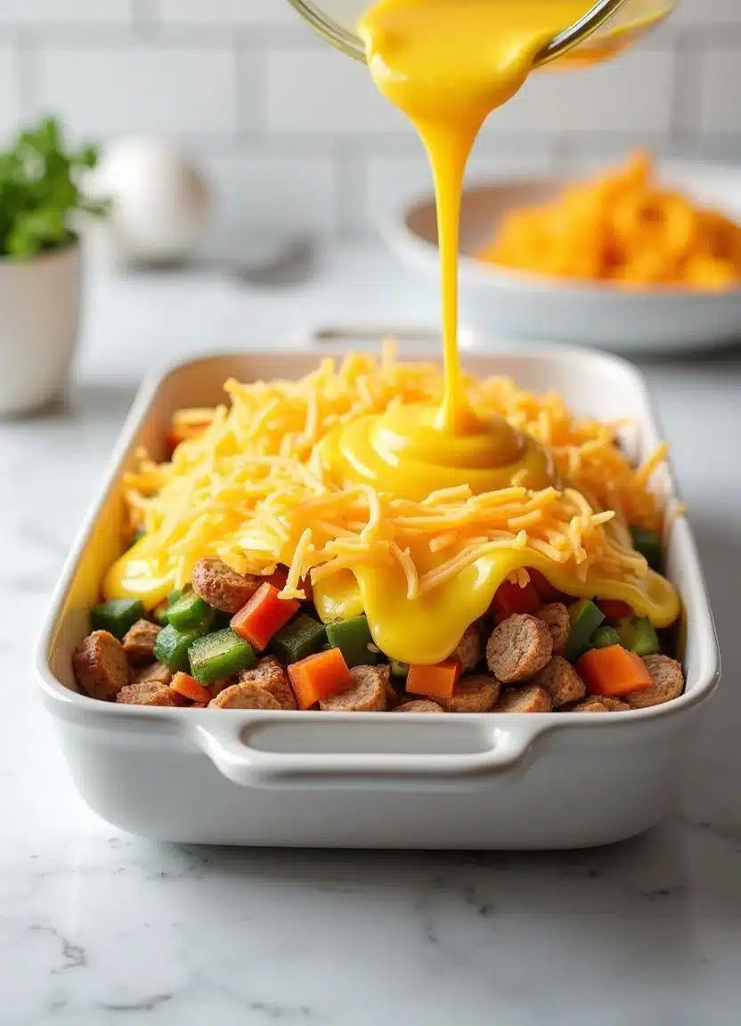 Pouring egg mixture over tater tots and vegetables for casserole.