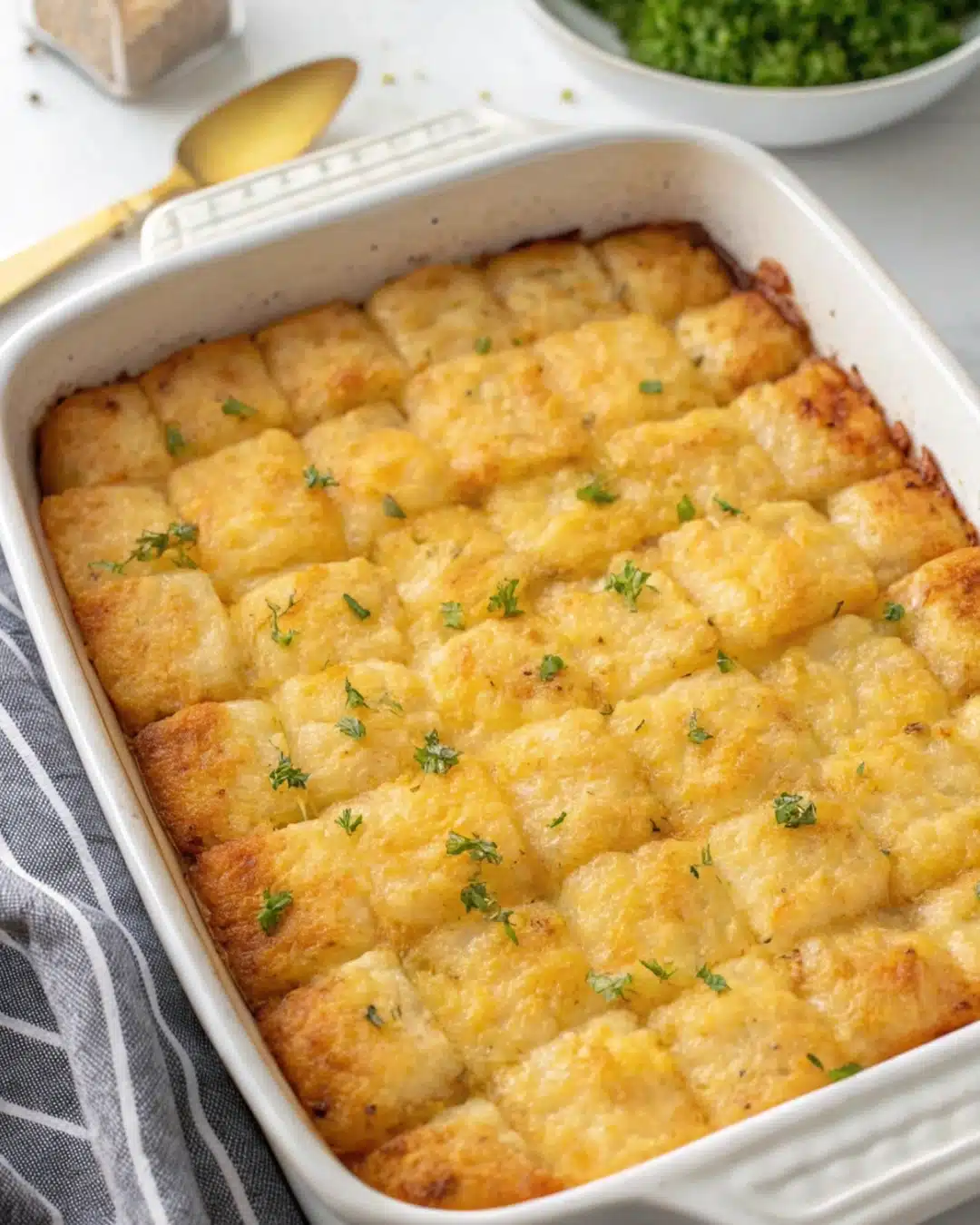 Baked Tater Tot breakfast casserole, golden and crispy.