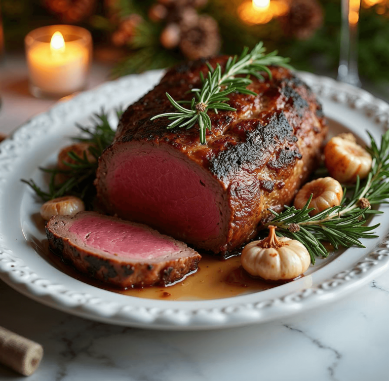 Holiday roast beef served on a white platter with rosemary and roasted garlic.