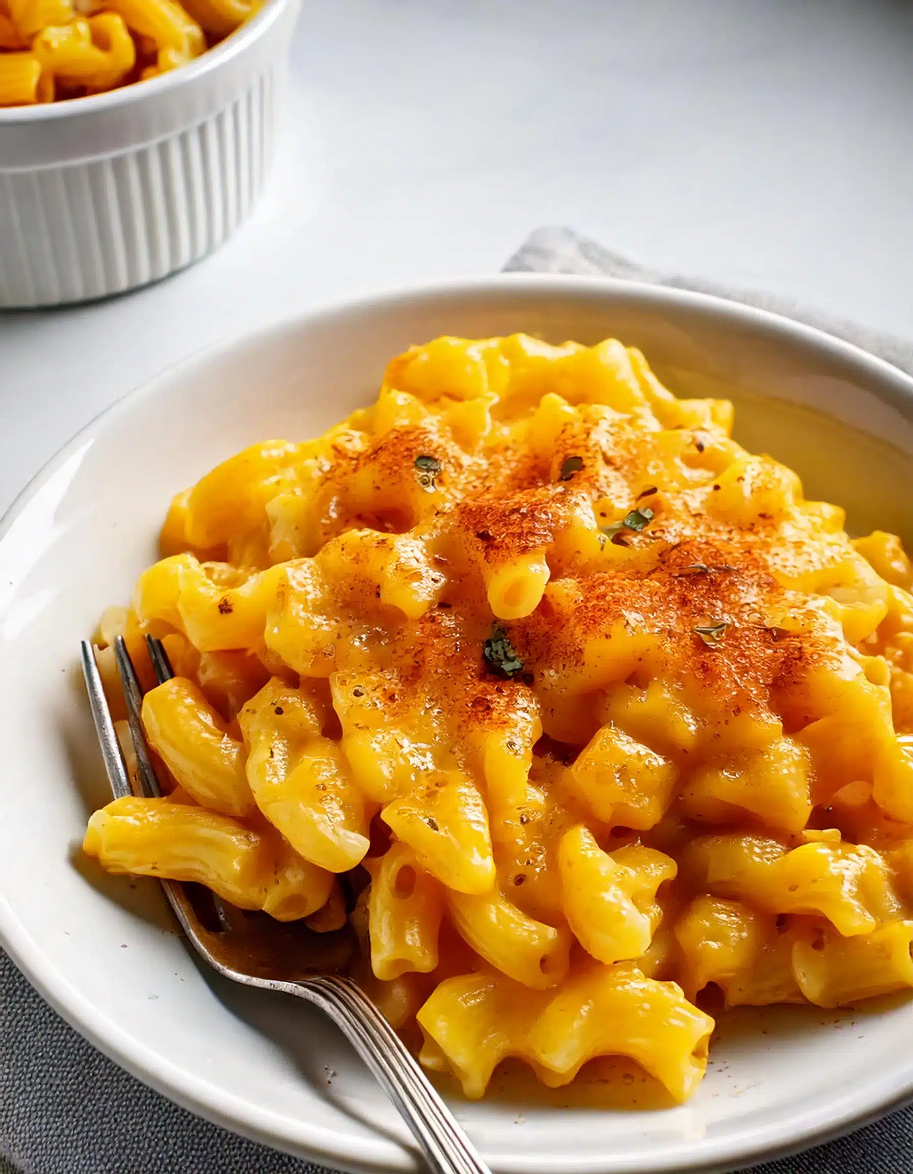 A plate of Tini’s Mac and Cheese with a crispy breadcrumb topping and fresh herbs.